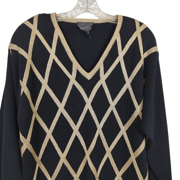 Vintage Suzelle V Neck Gold Black Argyle Sweater Size Large Long Sleeve - Picture 3 of 11